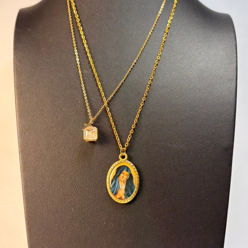 Religious Vintage Necklace Lot Gold Virgin Mary Medallion Cross Crystal Charm - Picture 3 of 8